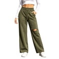 thumbnail image 4 of Women's Wide Leg Sweatpants Drawstring Distressed Hole Design Straight Style Side Pockets Loose Streetwear Casual Athletic Trousers, Sweatpants Y2K Army Green S, 4 of 6