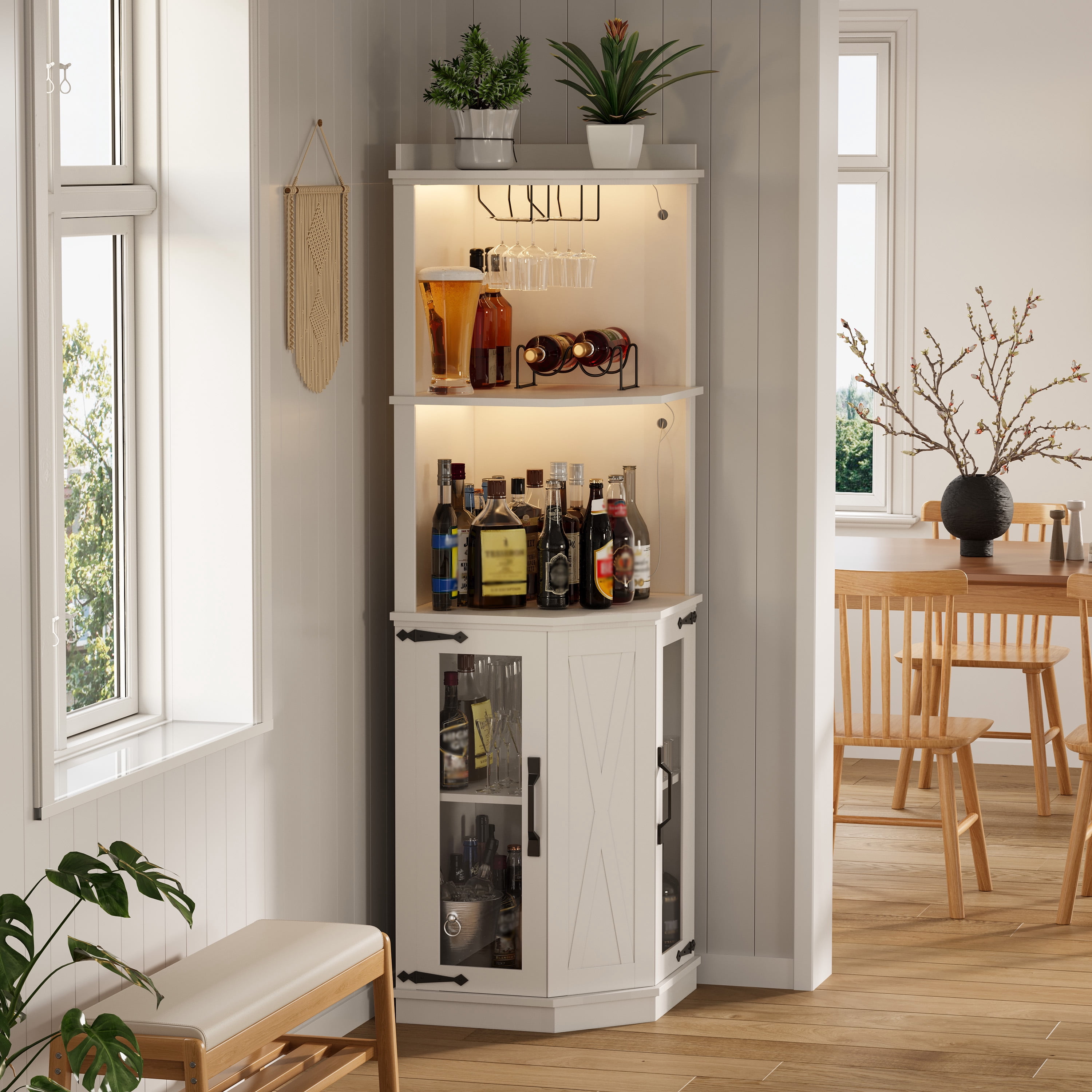 GARITIN 67.3 Inch Corner Bar Cabinet with Power Outlet, Farmhouse Wine Bar Cabinet with Adjustable Shelves, Lights & Glass Rack for Dining Room Living Room, White