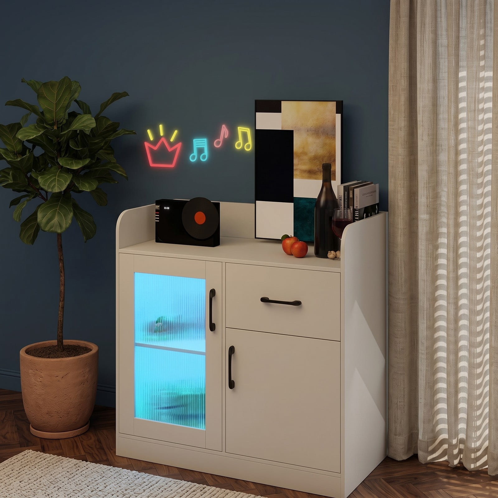 Furnibear LED Buffet Sideboard with Charging Station, USB Type-C and AC Outlets, Storage Drawer, Translucent Fluted Door, RGB Light Buffet Cabinet for Dining, White