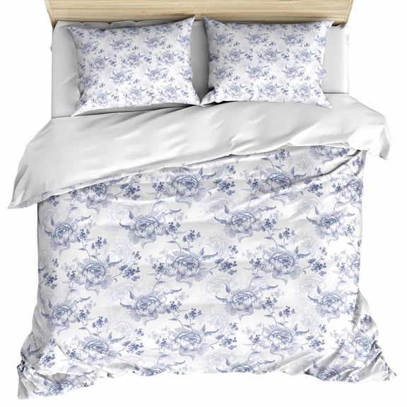 Blue Spring Floral Bedding 3 Piece Duvet Cover Set California King, Summer Botanical Elegant Flowers Soft Microfiber Comforter Cover with Zipper Closure & Pillowcases, FadeResistant Quilt Cover