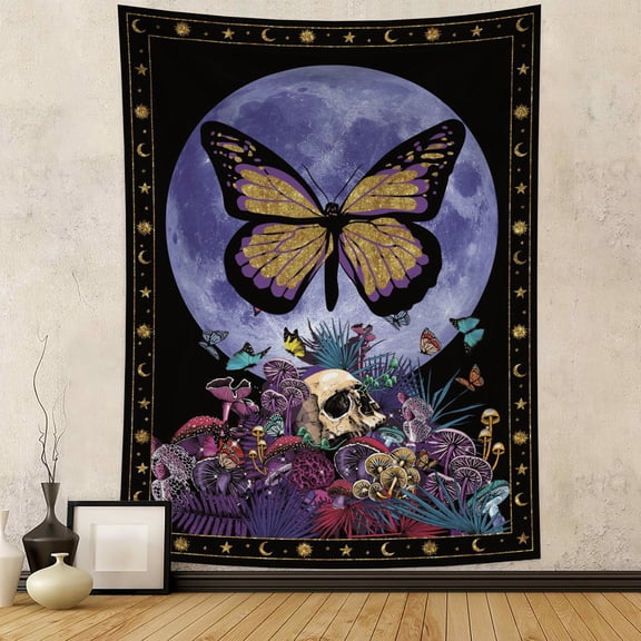 Skull Floral Tapestry Wall Hanging Goth Tapestry Aesthetic Moon and Purple Butterfly Tapestries for Bedroom Living Room Dorm,50Wx60H