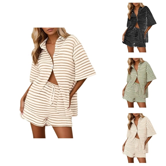 Short Sets for Women Striped Color Block Half Sleeve Button Down Collared Shirt and Shorts 2 Piece Matching Set Lounge Set