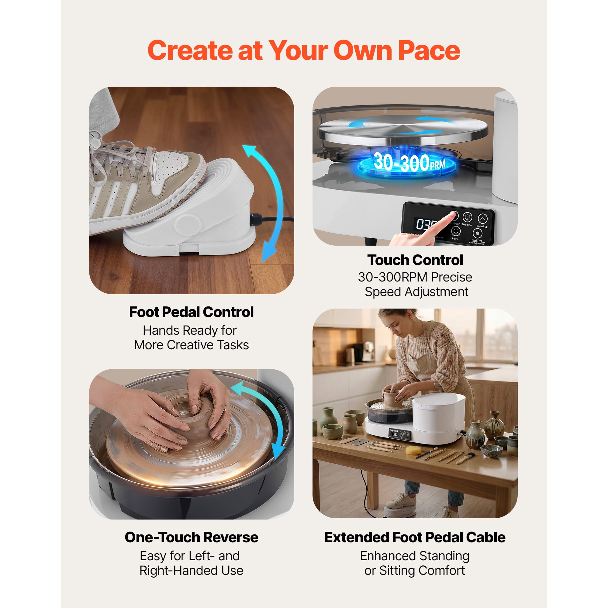 KFFKFF Electric Pottery Wheel for Adults, 11" Aluminum Turntable, 450W Tabletop Clay Wheel with Foot Pedal, Adjustable Speed 30-300 RPM, Durable Aluminum Body, Ideal for Beginners