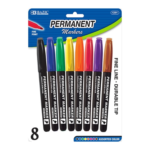 BAZIC Marqueurs Permanents à Pointe Fine Couleurs Assorties avec Pince de Poche (8/Pack)