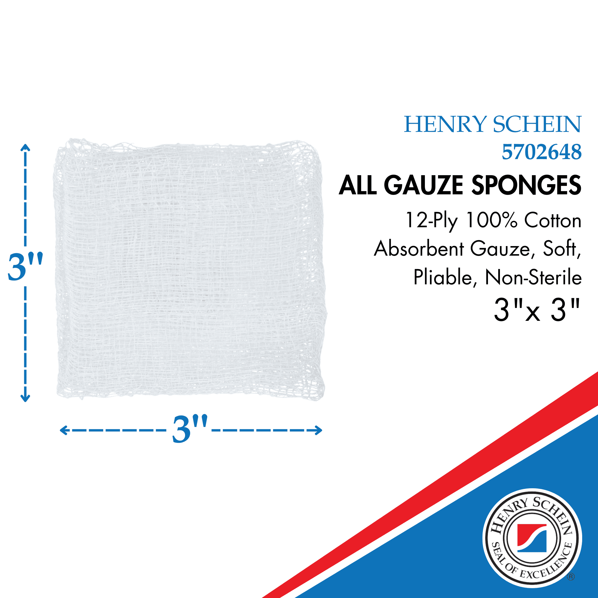 Henry Schein 100% Cotton Woven All-Gauze Sponge 3x3" 12 Ply Non-Sterile Square for Wound Dressing Gauze Sponge-Pads for Wound Care & Home First Aid Kits, Pack of 4