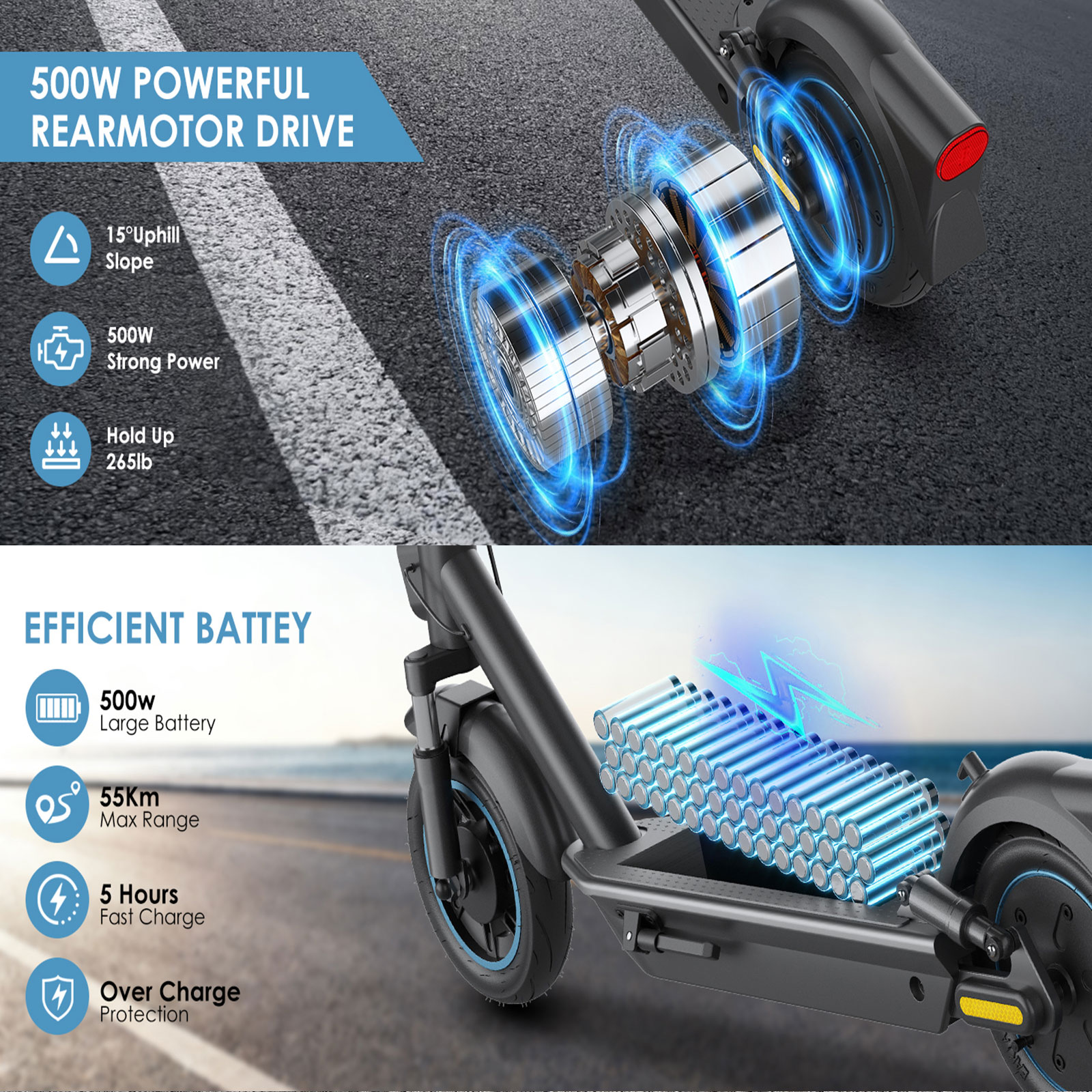 500W Motor Electric Scooter 10" Solid Tires, up to 25MPH and 30Miles Long-Range Portable Commuting Scooter