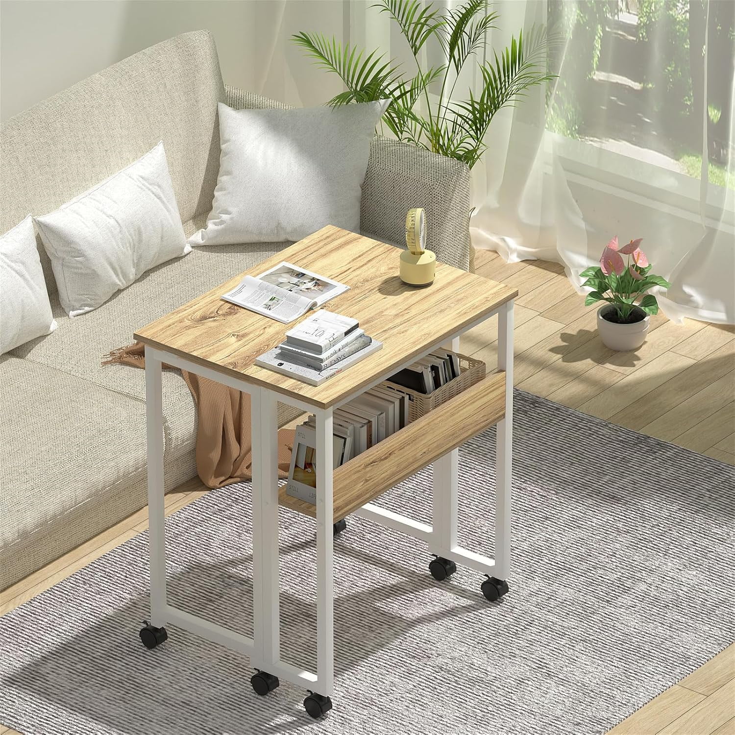 Compact Mobile Computer Desk, Rolling Laptop Table with Storage, Space-Saving Study Desk for Home Office, Taupe Wood