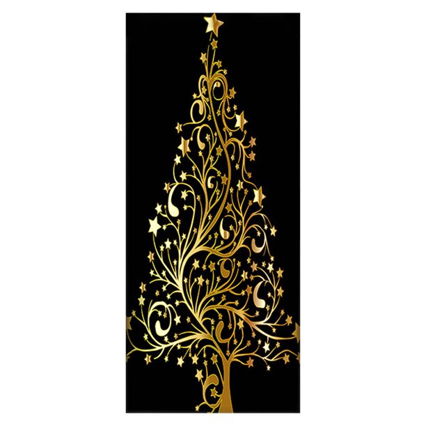 Decoración navideña para puerta, cubierta navideña de Papá Noel, pancarta navideña colgante para puerta, fondo dorado de árbol de Navidad, envoltura colgante para puerta de entrada, decoración