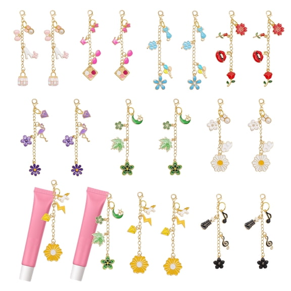 9Pair Enamel Flower Dangle Charm with Lobster Clasp - Metal Keychain Cute Lip Balm Gloss Charm Bag Purse Key Hanging Decor Supplies