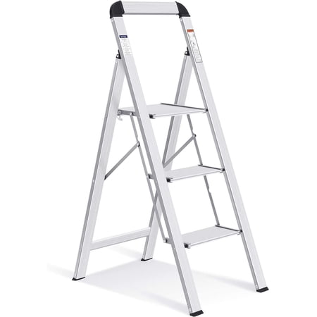 Aluminium 3 Step Ladder, Lightweight Step Stool with Non-Slip Pedals, Handrail, 330 LBS Foldable Step Ladder for Kitchen, Garage, Home, Space Saving, Sturdy and Portable, Silver