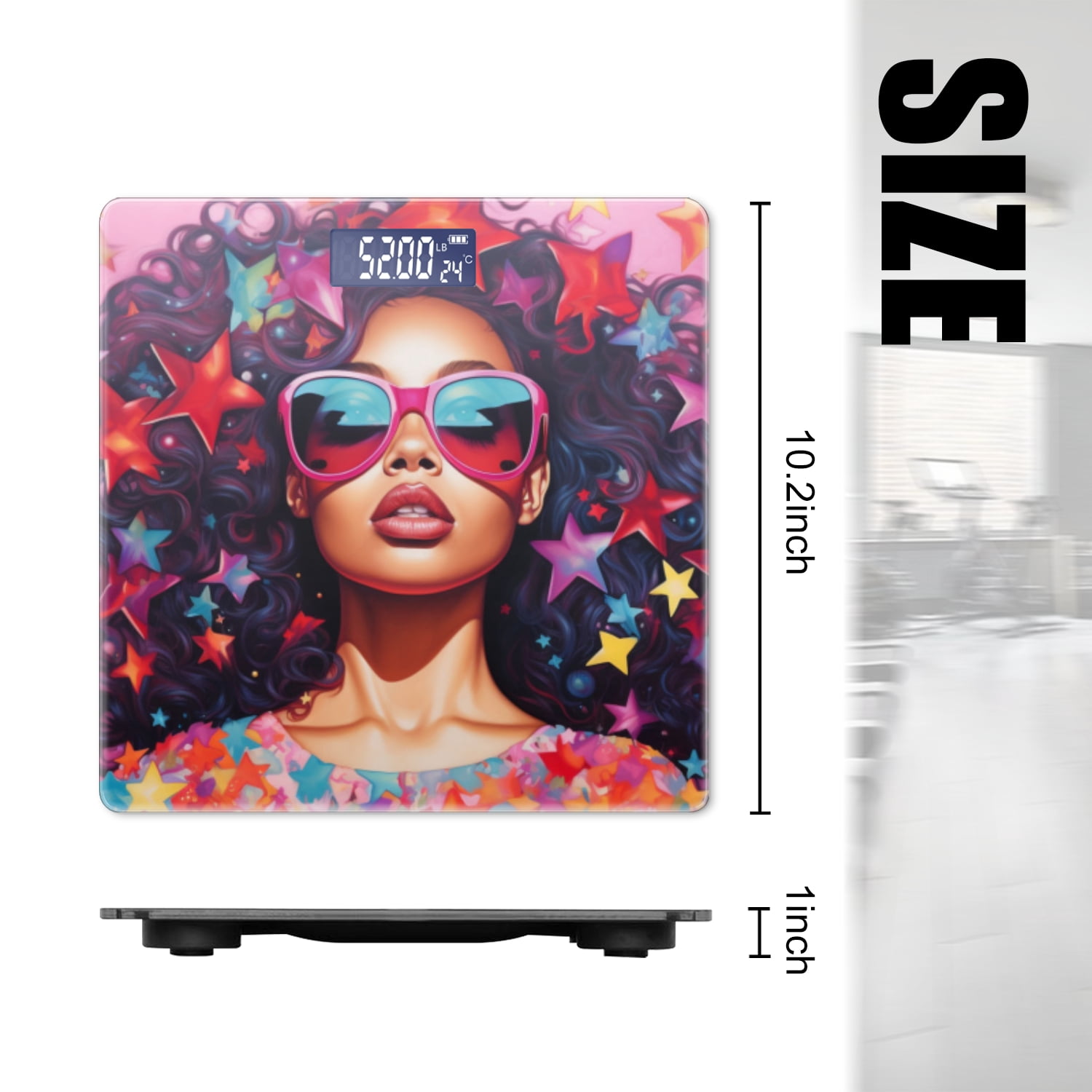 High Precision Body Weight Scale Smart Bathroom Scales with Large LCD Display(400lbs),Decorative for Bedroom-Black Woman With Curly Hair Wearing Pink Sunglasses