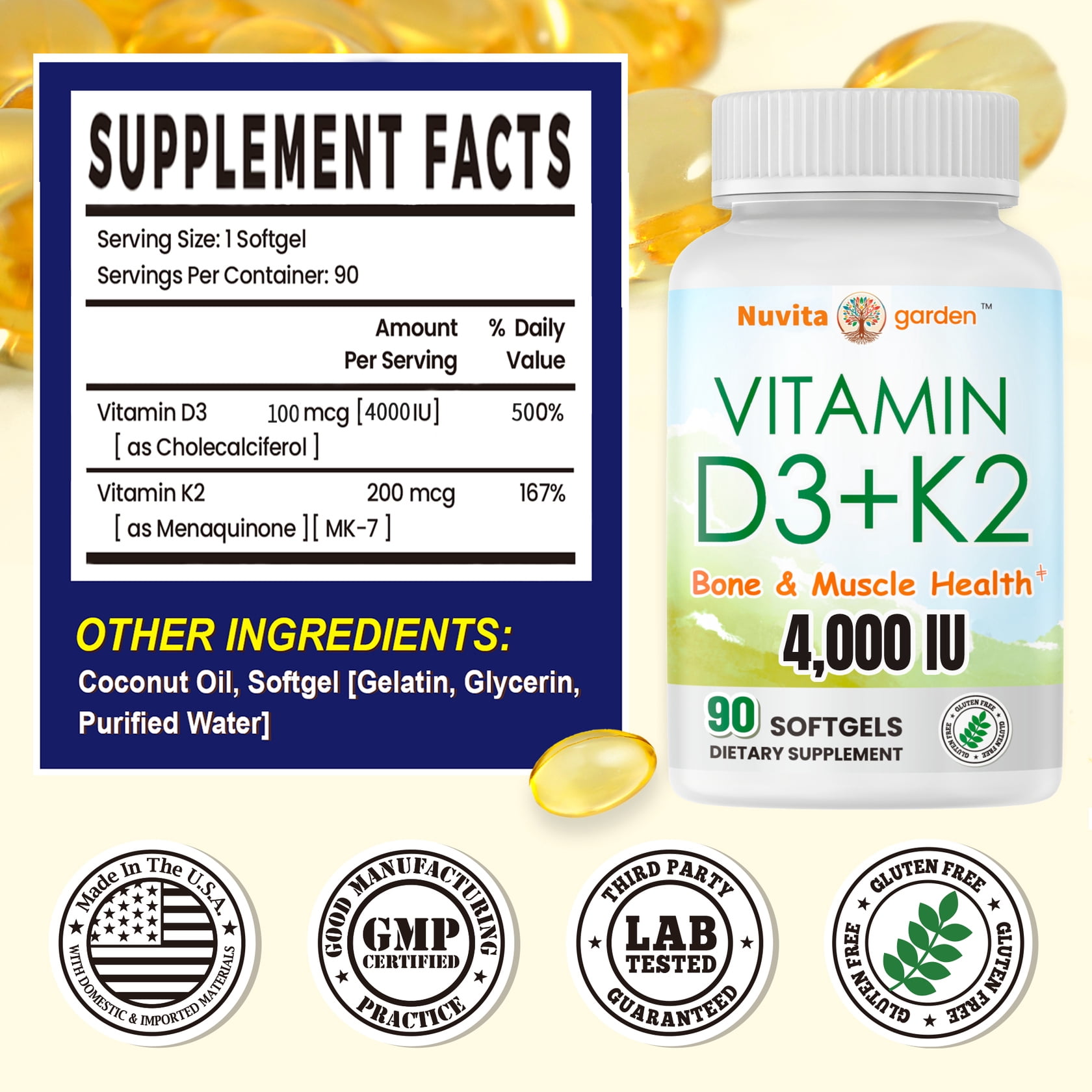 Vitamin D3 + K2 - 4,000 iu D3 + 200 mcg K2 - Supports Immunity, Bone & Brain Health
