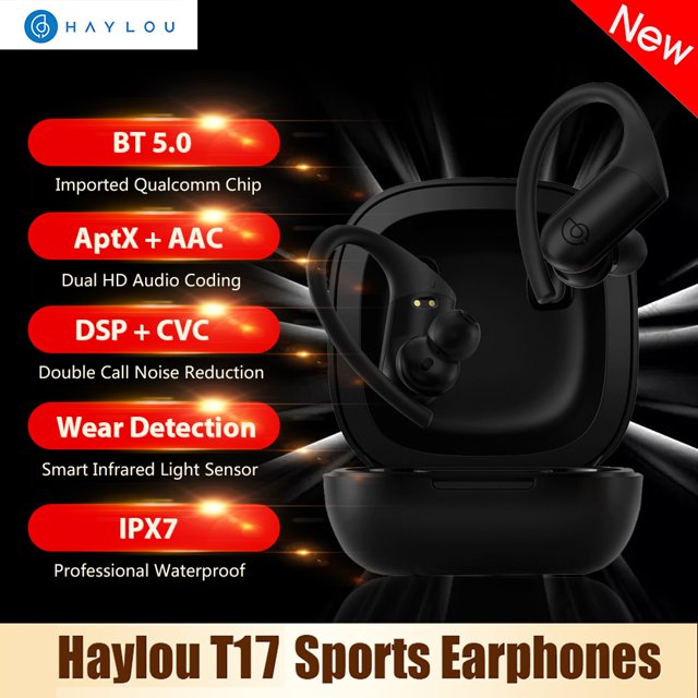 haylou t17 tws auriculares inalámbricos auriculares bt5.0 auriculares estéreo hd auriculares negros TWS con estuche de carga abierto en vista frontal. Gancho para oreja antideslizante con memoria inclinado 15°, tapones intrauditivos, controles táctiles y pines de carga tipo C visibles; fondo oscuro muestra etiquetas aptX, AAC, DSP+CVC, BT5.0 e IPX7, adecuado como audífonos deportivos para gimnasio.