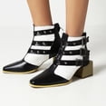 thumbnail image 1 of Ladies Chunky Heel Colorblock Belt Buckle Back Zipper Mid Heel Motorcycle Boots, 1 of 8