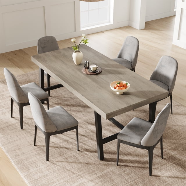 Towallmark Industrial Dining Table for 6-8, Modern Rectangular Kitchen Table with Sturdy Black Metal Frame & Rustic Wood Top – Dining Room Furniture Perfect for Living Room or Patio – Grey