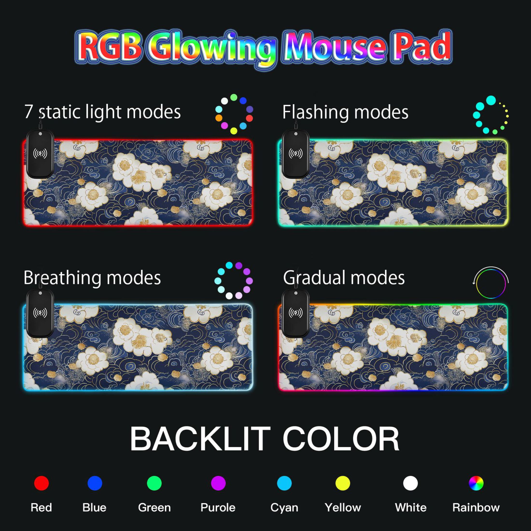 RGB Gaming Mouse Pad 15W Wireless Charging Large Waterproof Desk Mat 13 Light Modes Mousepad 31.5x11.8 Blue Cloud White Flower