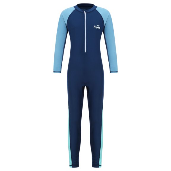 dPois Boys Girls Rash Guard One Piece Bathing Suit Full Length Contrast Swimsuit Sun Protection Navy Blue 6XL