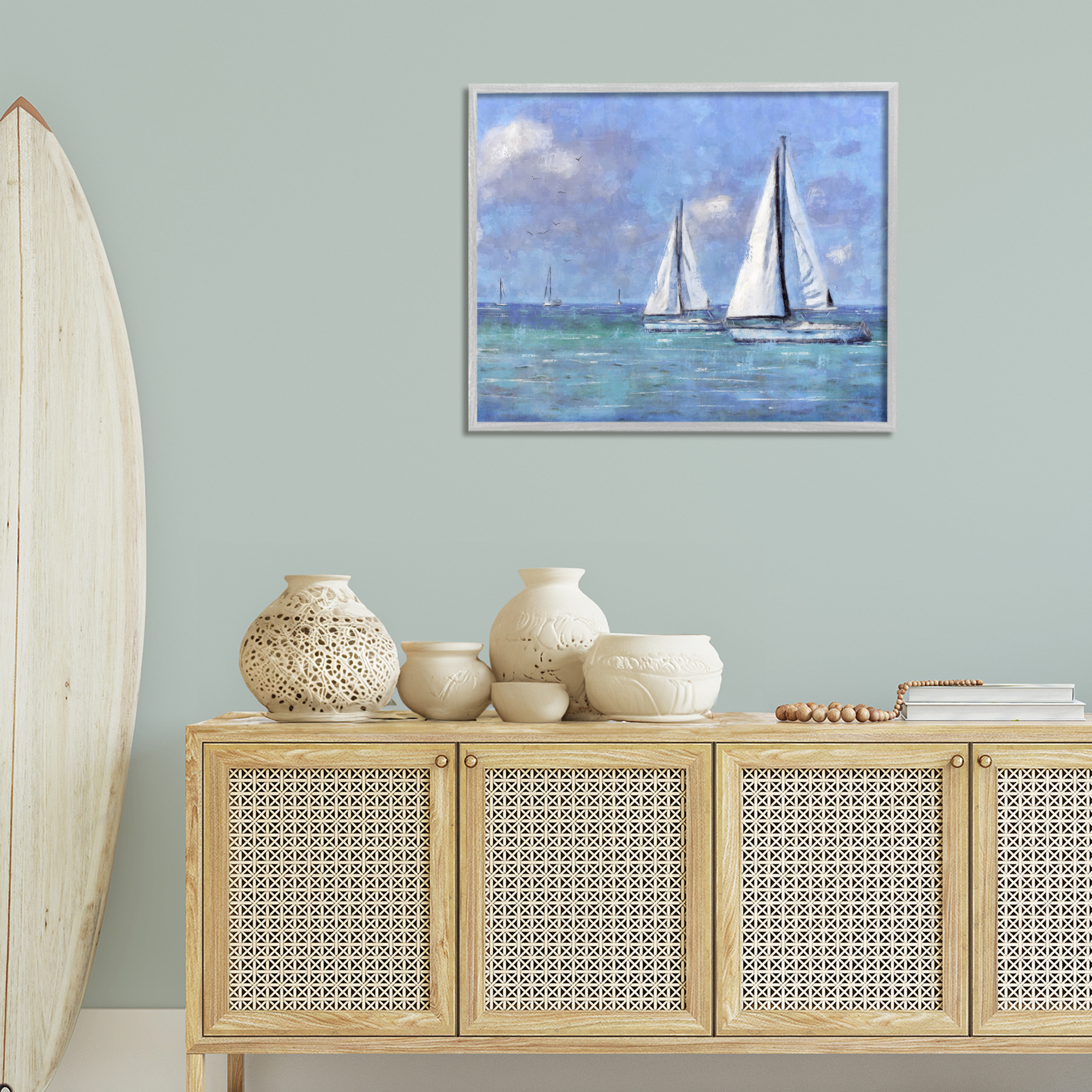 Stupell Industries Sailing Day Sailboats Landscape Painting Gray Framed Art Print Wall Art, 30 x 24