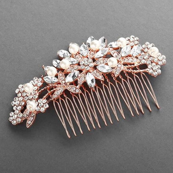 OULII Rhinestone Wedding Hair Comb Bridal Headpiece Rose Gold 1PC