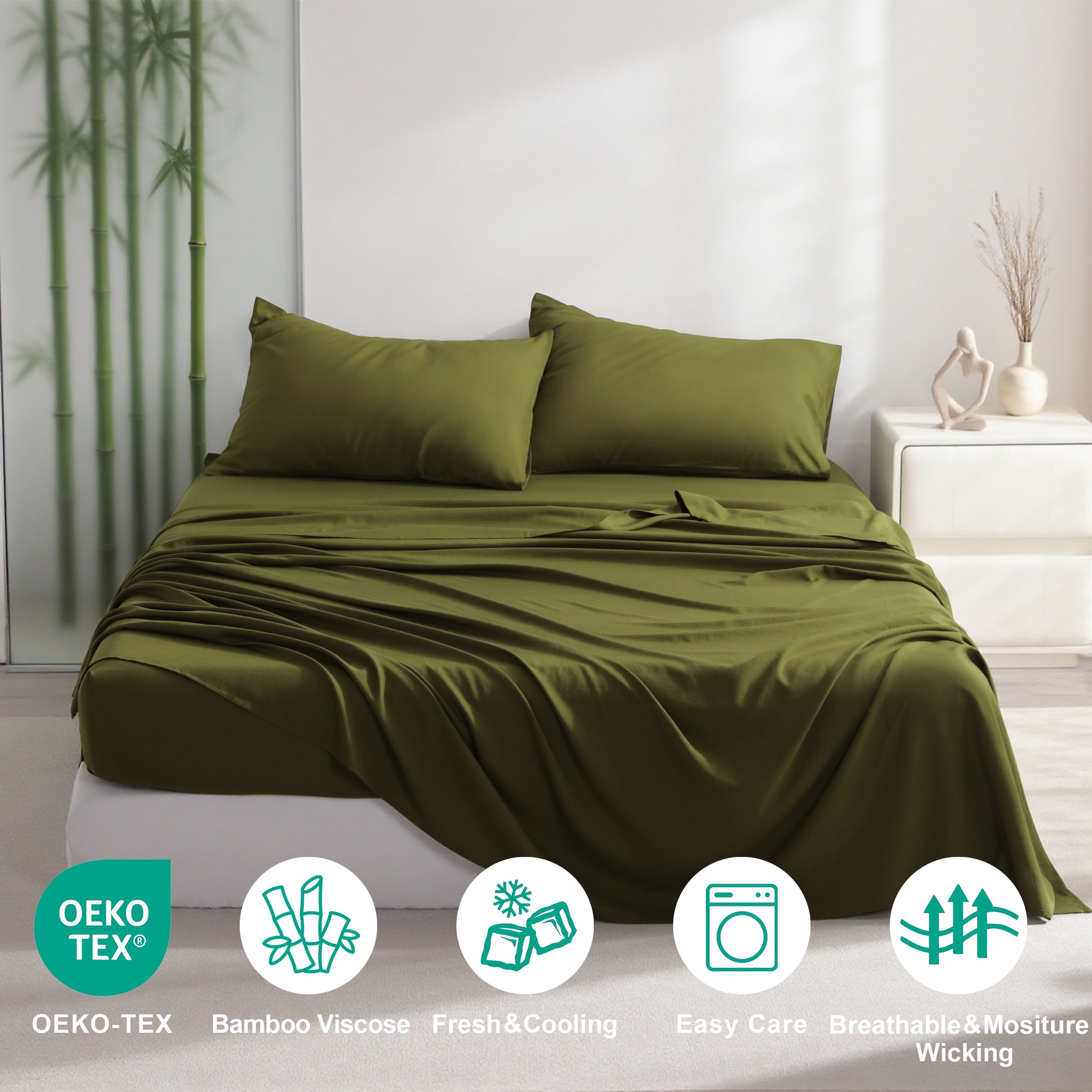 Lorviah 4 Piece Bamboo Sheet Sets Queen Size - Cooling, Breathable & Ultra soft Bedding - Includes Deep Pocket Fitted Sheet, Flat Sheet & Pillowcase - Army Green