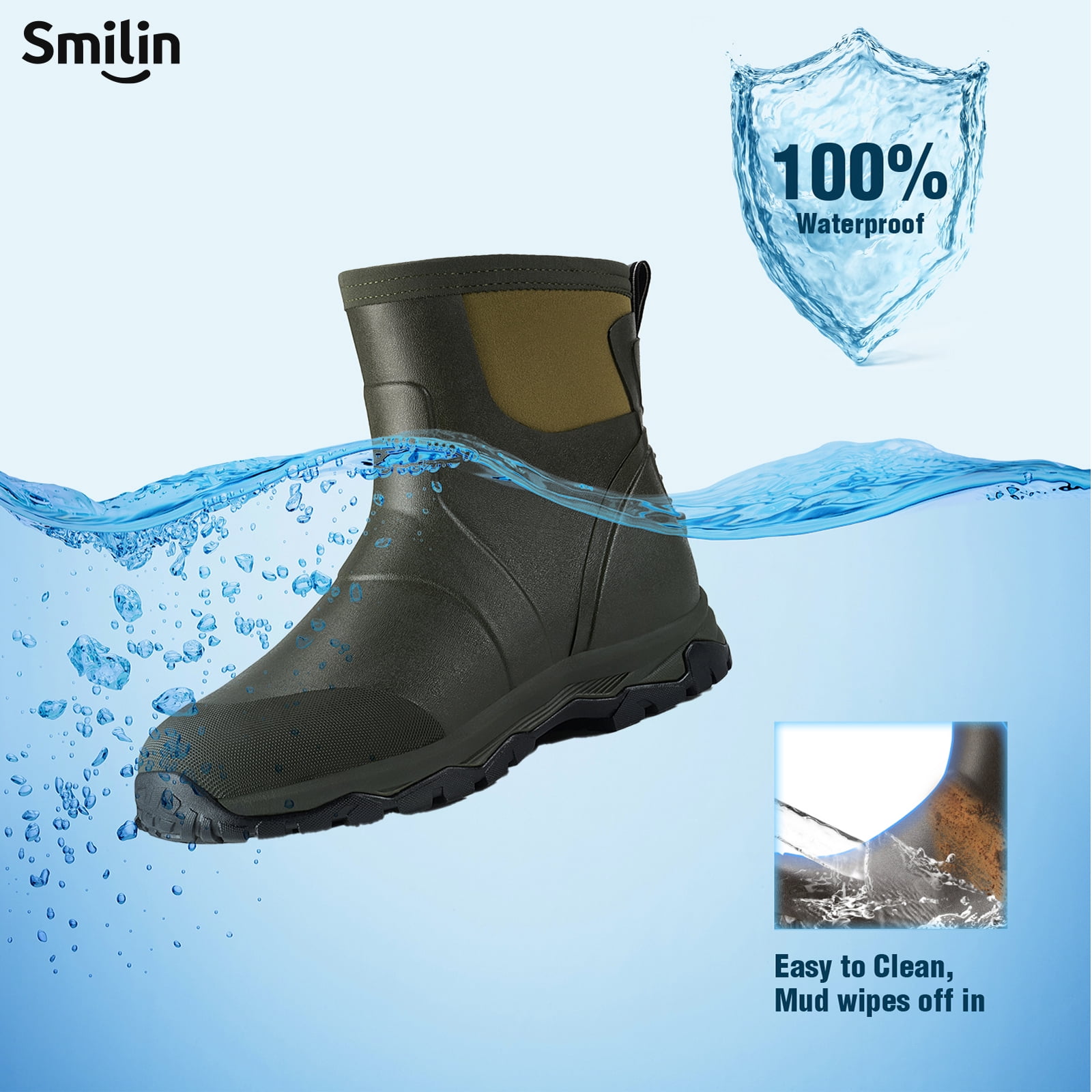 SMILIN Men's Rain Boots, Anti-Slip Ankle Height Outdoor Work Boots for Mud, Snow, Hunting, and All-Season Activities, Green, US Size 10