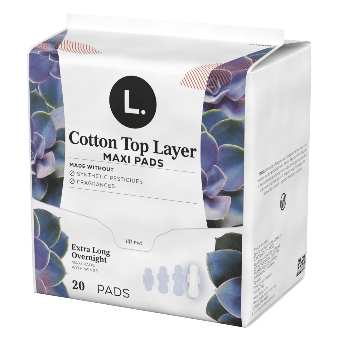 L. Chlorine Free Maxi Extra Long Overnight Pads with Wings, 20 Count (2 Pack)