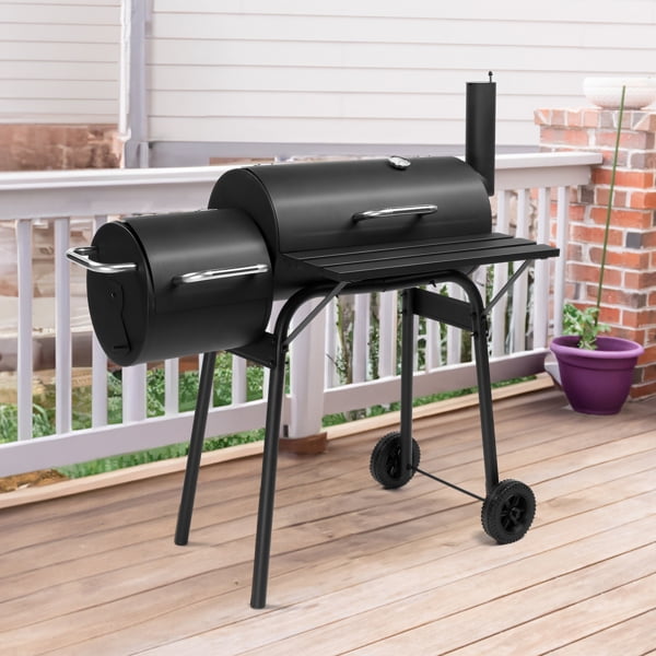 Charcoal Grill & Offset Smoker Combo - 43.7" Heavy-Duty All-Metal with Side Table, Wheels & Thermometer - Backyard, Patio BBQ Smoker