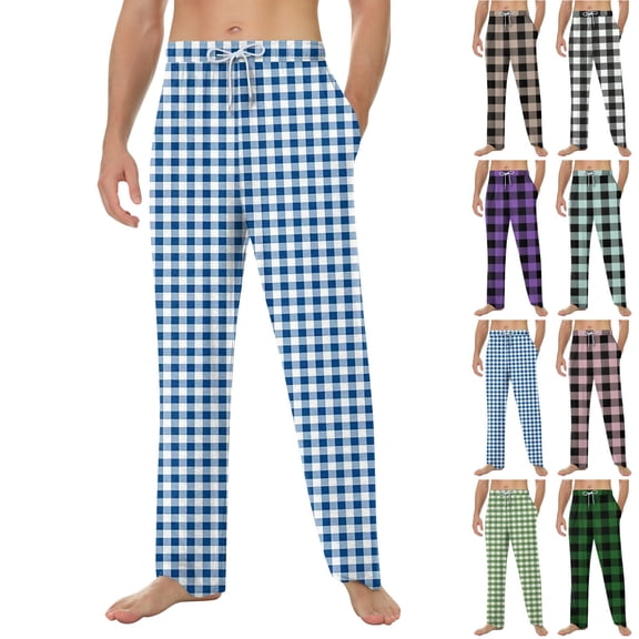 Men's Home Soft Plaid Print Pajama Pants Drawstring with Pockets, Casual Sports Pants for Sleep and Lounge Comfort,Army Green,L