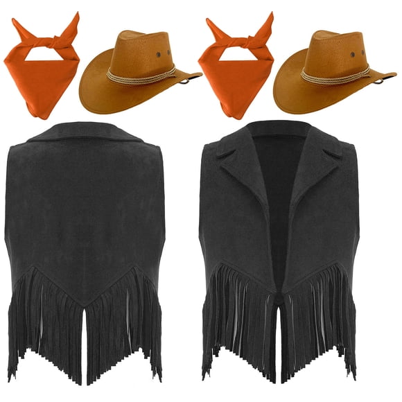 Haitryli Kids Western Cowboy Cowgirl Outfits Suede Open Front Tassels Vest with Bandana Hats Set for Stage Party Black&Orange 14