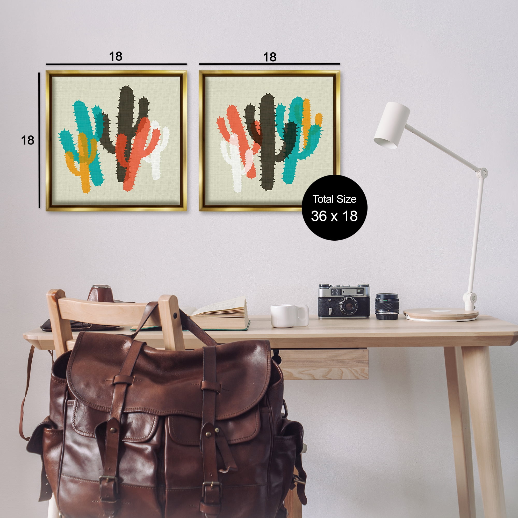 Stupell Industries Vibrant Overlapping Cactus Abstract Painting Gold Floater Framed Canvas Art Print Wall Art, 18 x 18, Set of 2