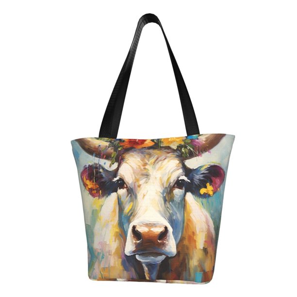 Fotbe Oil Painting Flower Cow Bolsa de Playa con Estampado, Bolsa de Hombro, Bolsa de Mano Espaciosa, Bolsa de Viaje Ligera, Bolsa de Compras Versátil