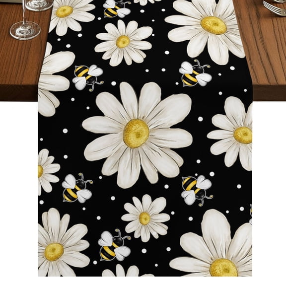 White Daisy Farmhouse Burlap Cotton Table Runner 16x72 Inches Long, Garden Floral Honeybees Black Farmhouse Table Runners, Outdoor Dining Tablecloths Decor for Baby Shower/Party/Wedding