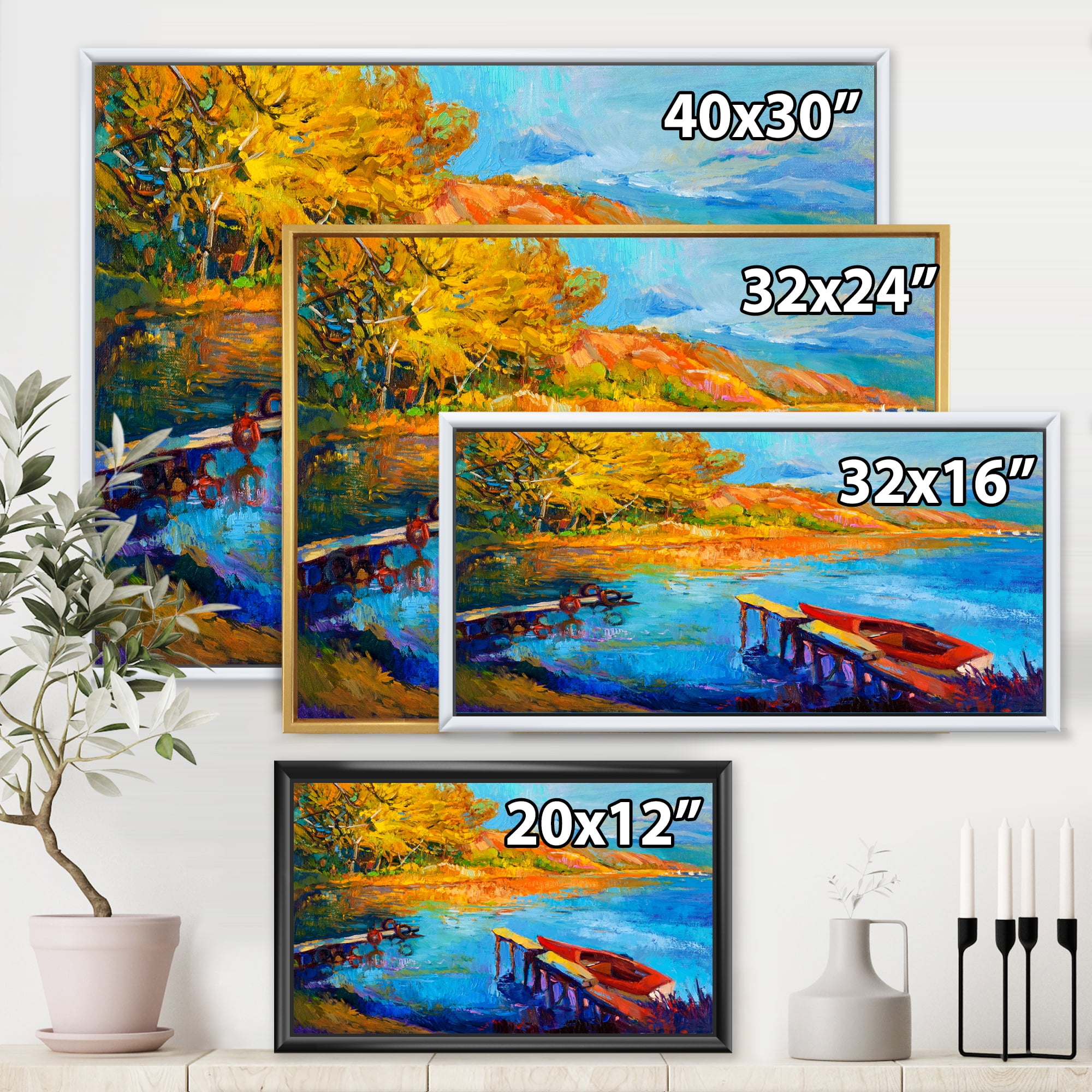 Designart 'The Lake At Sunset Evening Glow II' Lake House Framed Canvas Wall Art Print
