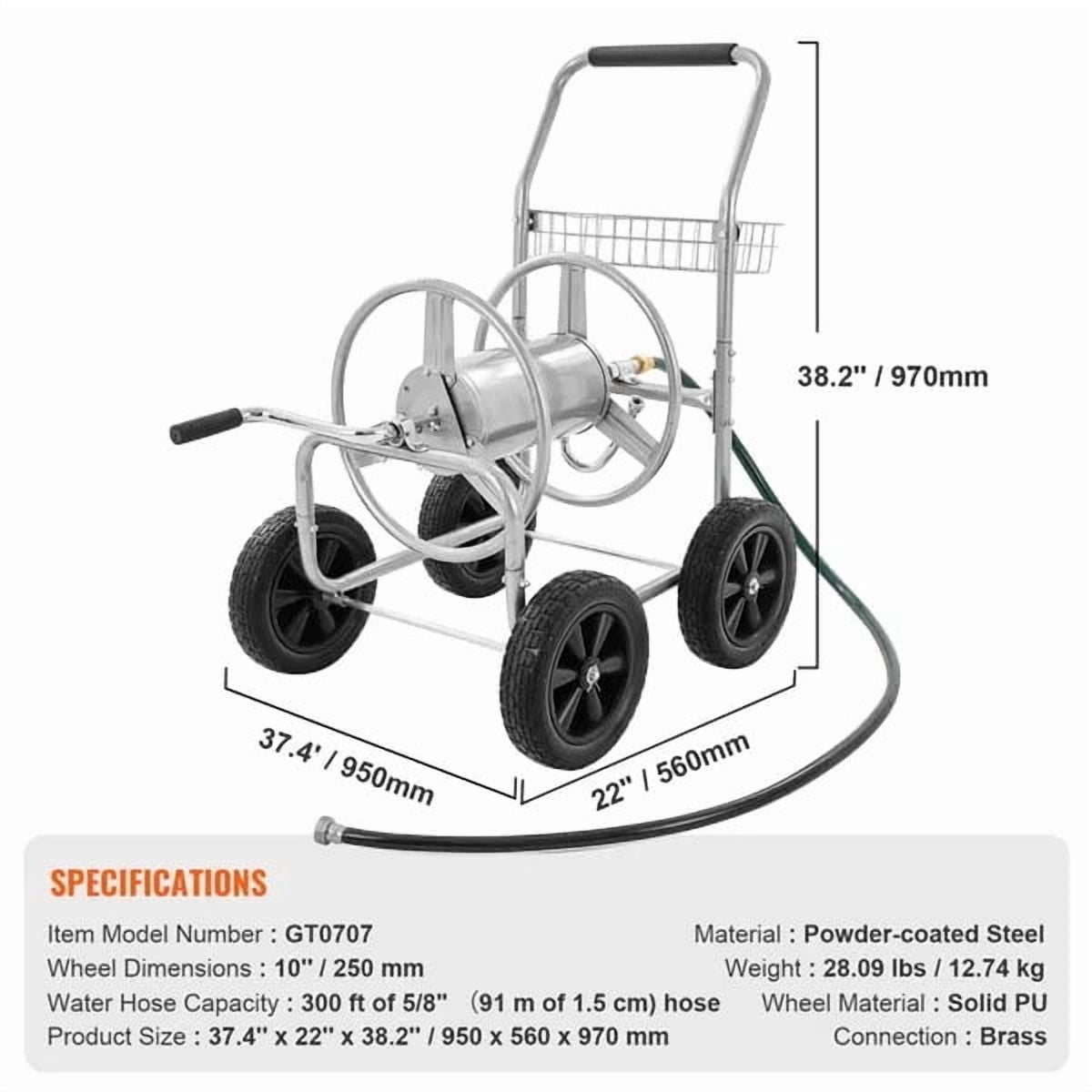Hose Reel Cart, Hold Up to 300 ft of 5/8'' Hose, Garden Water Hose Carts Mobile Tools with 4 Wheels, Heavy Duty Powder-coated Steel Outdoor Planting with Storage Basket, for Garden, Yard, Lawn