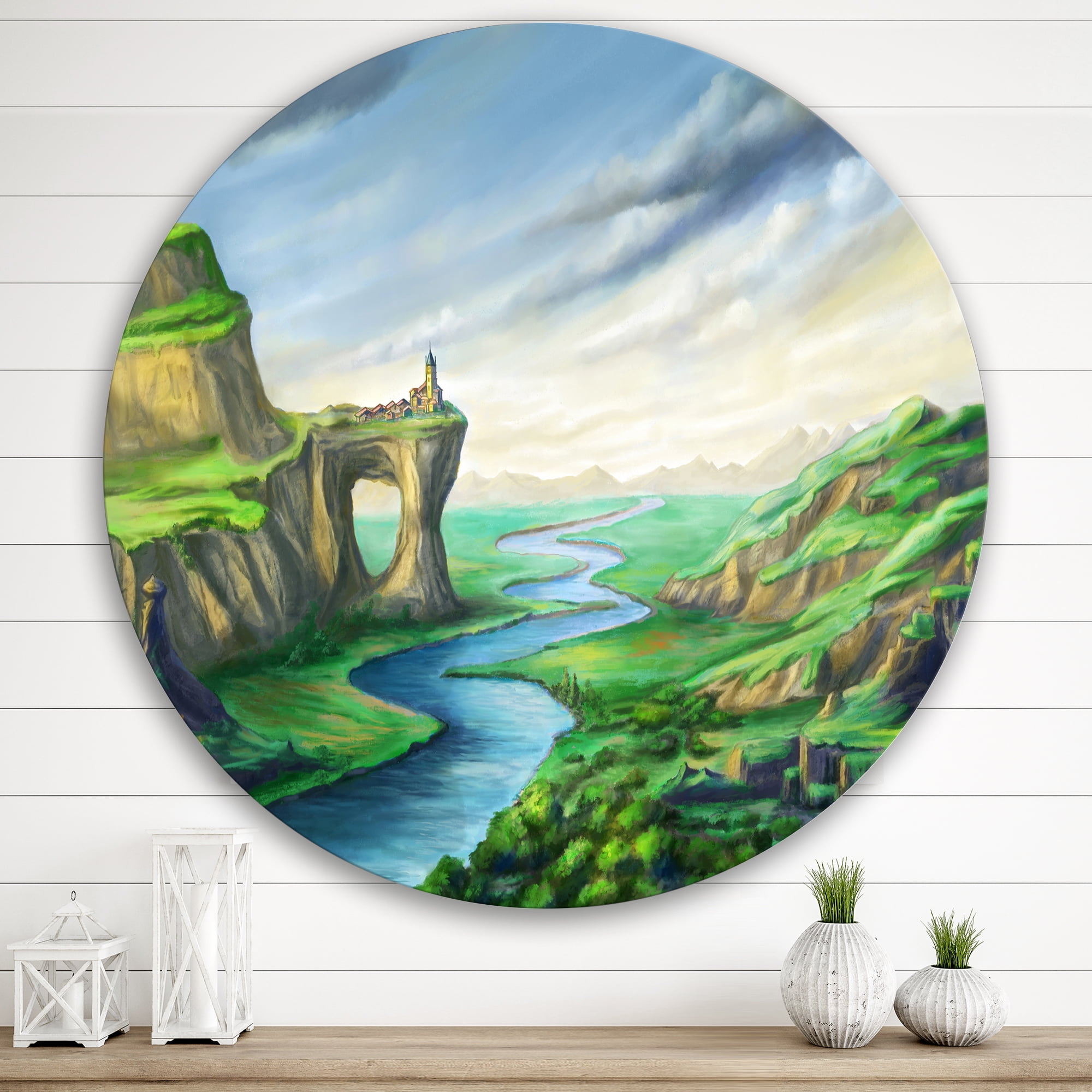 Designart 'Meandering River With Blue Fantasy Landscape' Lake House Circle Metal Wall Art 36x36 - Disc of 36