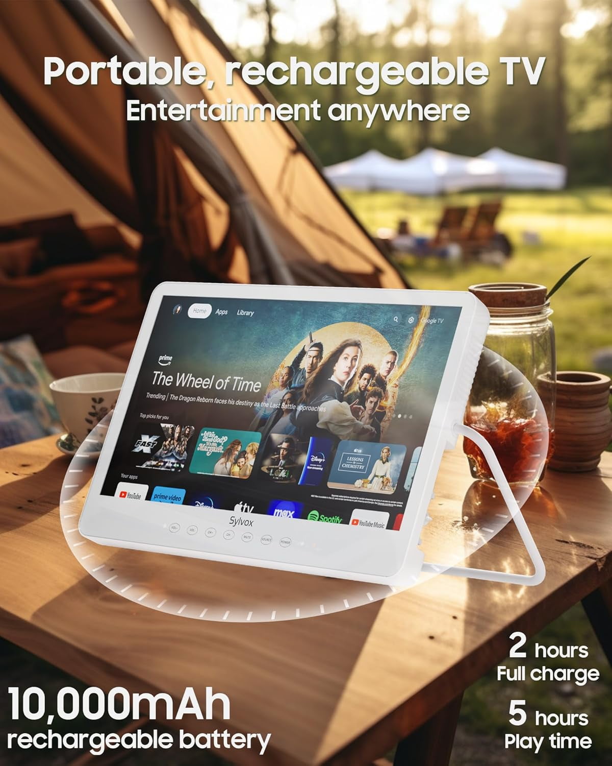 SYLVOX 15.6" Portable TV, 1080P Google TV with Rechargable Battery 6H/10000 mAh, IP66 Waterproof