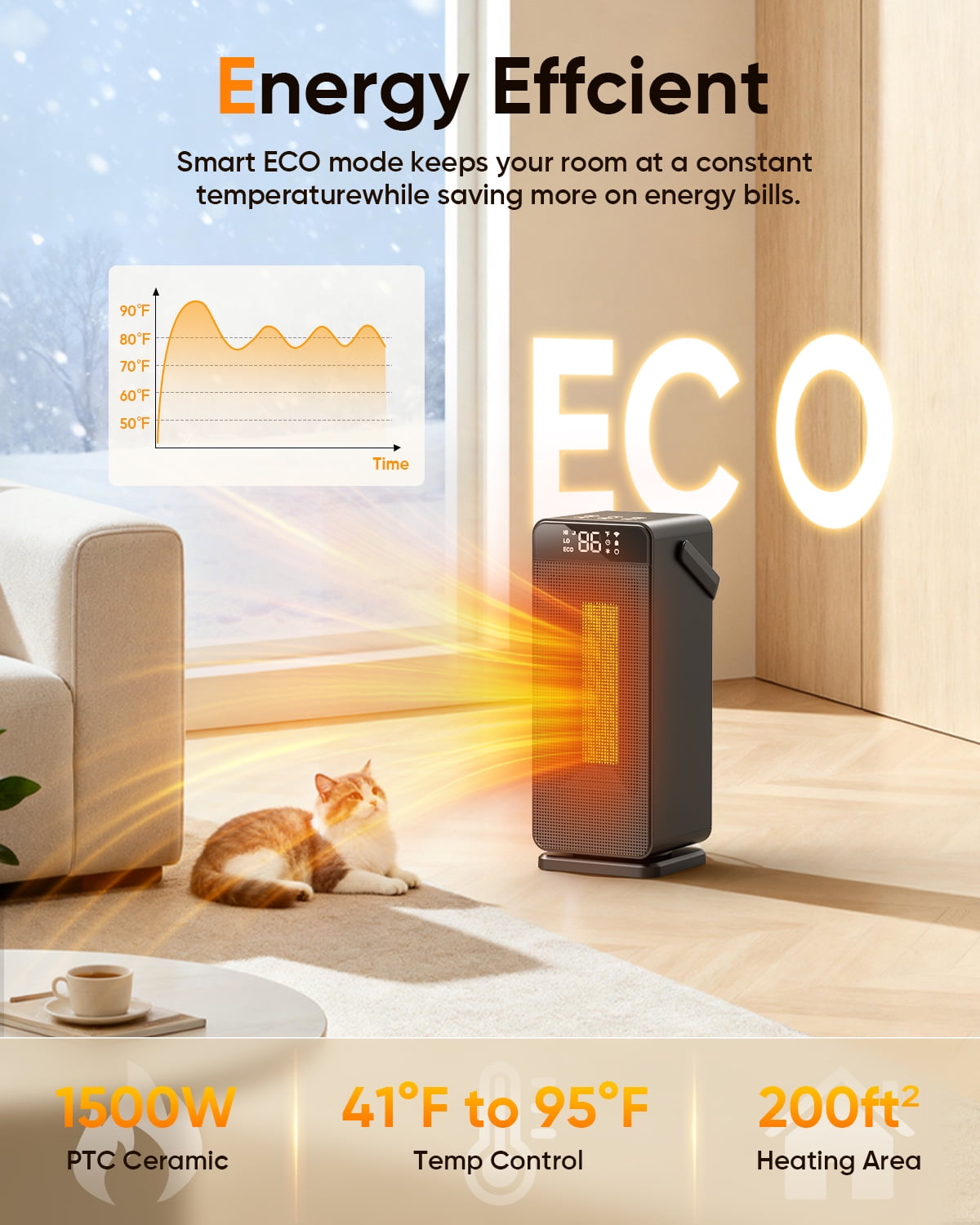 AIRFIRE Space Heaters for Indoor Use, 1500W PTC Ceramic Heater with WiFi and Voice Control, 24H Timer, 5 Modes, Thermostat, for Home, Office, and Bedroom