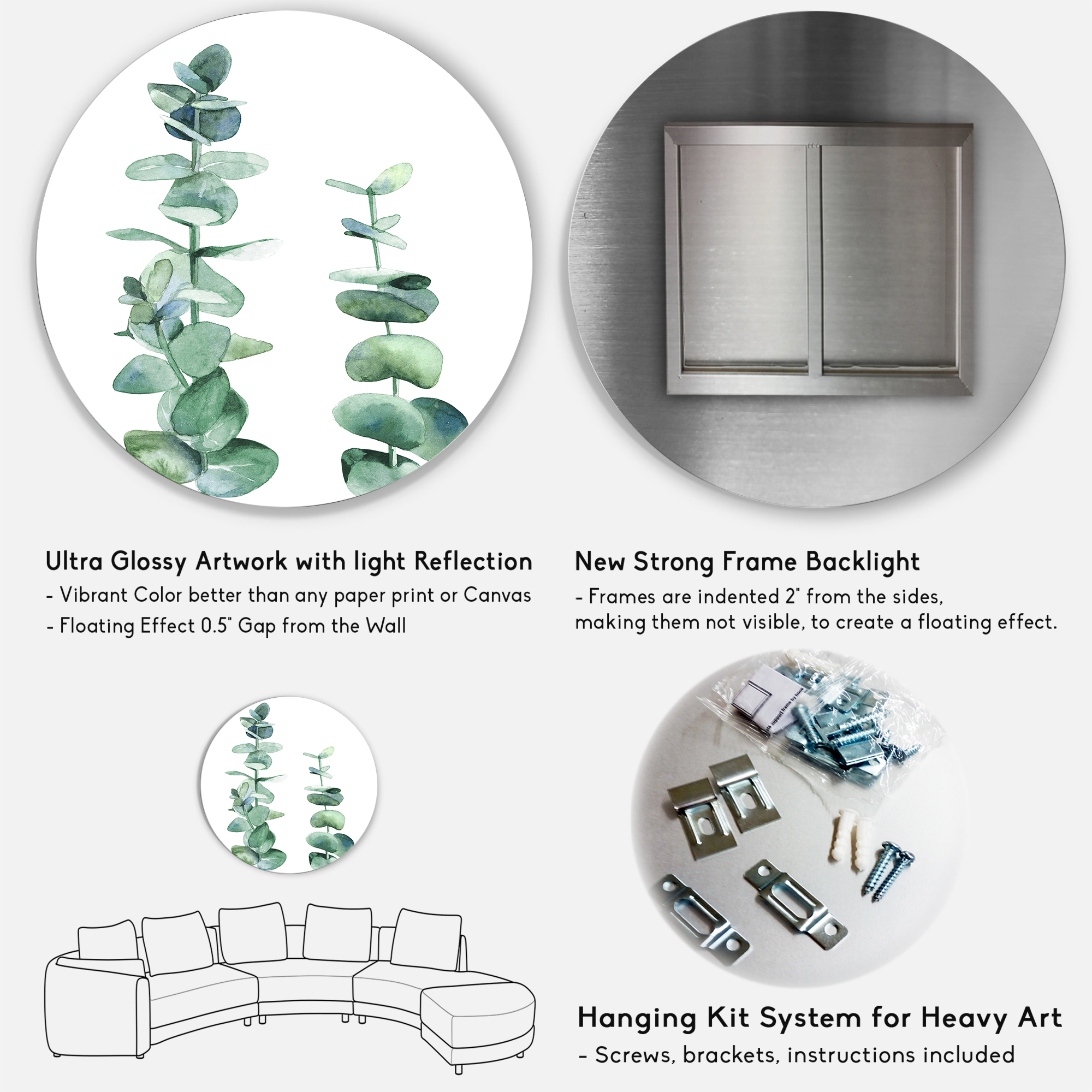 Designart 'Green Eucalyptus Branch' Tropical Circle Metal Wall Art 36x36 - Disc of 36