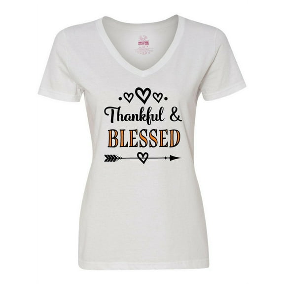 Inktastic Thanksgiving Greeting Thankful Blessed Women's V-Neck T-Shirt
