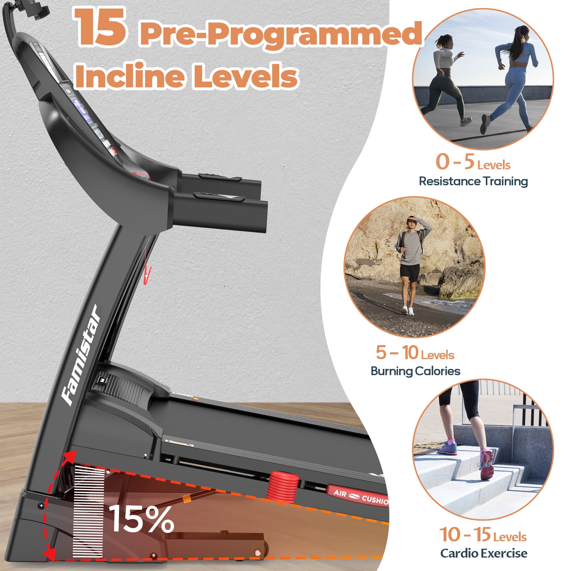 4.5HP Treadmill w/ 15 auto Incline, Folding Treadmill with 300lbs Capacity, 10MPH Speed, 64+3+3+1 Programs, App Connection, HiFi Stereo Speakers, Ultra-Wide & Quiet, Running Jogging Machine for Home