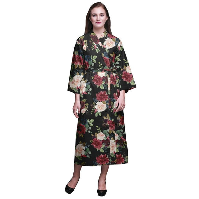 Bimba Black Floral Leaves & Peony Bathrobes For Women Wrap Printed Bride Getting Ready Dress Robe For Girls X