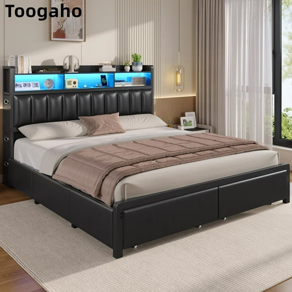Toogaho Full Size Platform Bed Frame with 9 Storage Drawers & Bookcase Headboard, Upholstered Bed with LED Light & Charging Station, Heavy Duty Metal Slats, No Box Spring Needed,Black PU