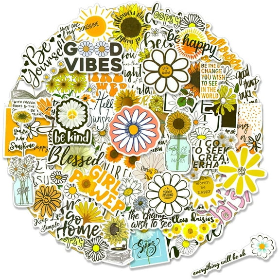 50pcs Daisy and Sunflowers Inspirational Stickers for Scrapbook, Waterproof Stickers for Water Bottles, Motivational Stickers for Phone Case, Tenns, Adults, Trendy Vinyl Positive Words