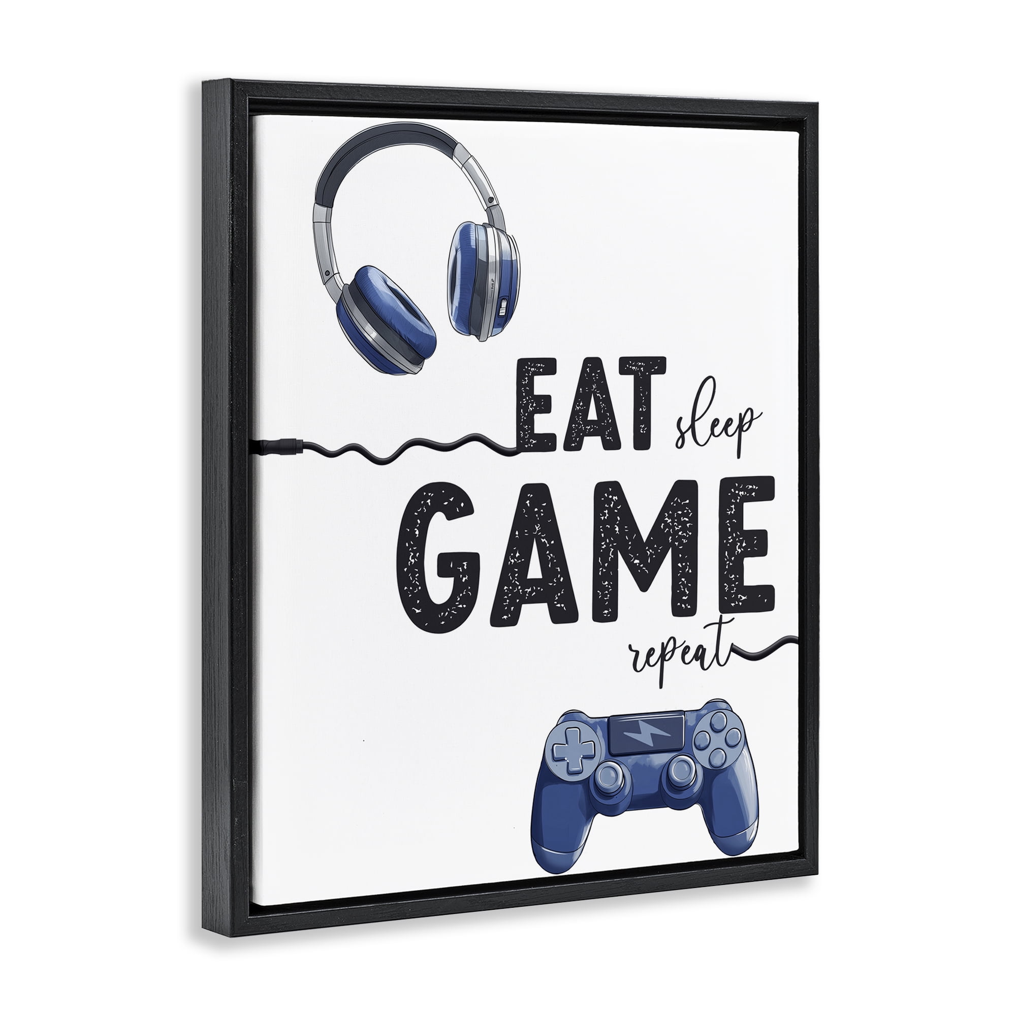 Eat Sleep Game Lifestyle Black Framed Floater Canvas Wall Art, design by Christine Simpson Art