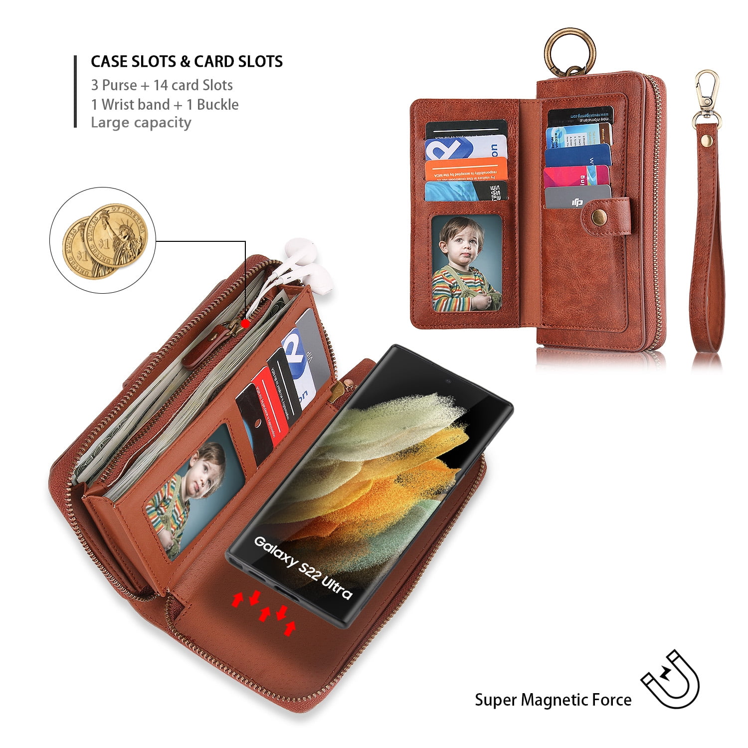 Samsung Galaxy S22 Ultra Leather Flip Case Cover, Galaxy S22 Ultra Zipper Wallet Case for Women and Men, Dteck 14 Card Holder Zipper Pocket Magnetic Detachable Wallet Folio Case Leather Pouch,Brown