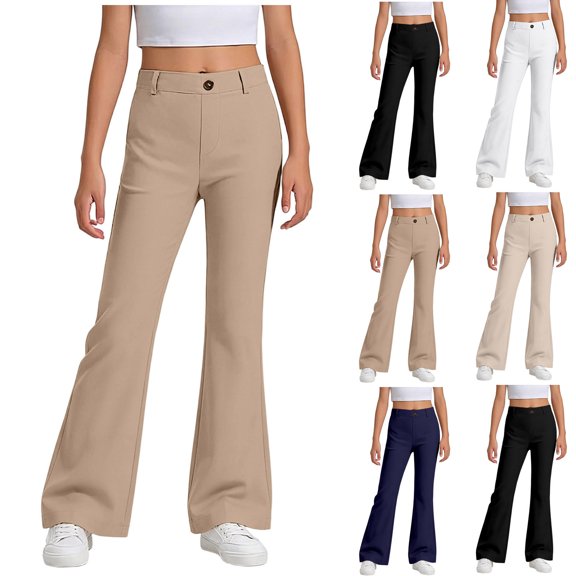Fancifize Teens Girls Flare Leg Chino Pants, School Uniform Bell Bottom Dress Pants, Casual Loose Trousers with Pockets