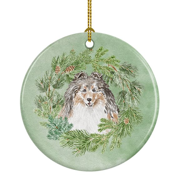 Sheltie/Shetland Sheepdog Tricolor Smiling #1 Christmas Wreath Ceramic Ornament 2.8 in x 2.8 in