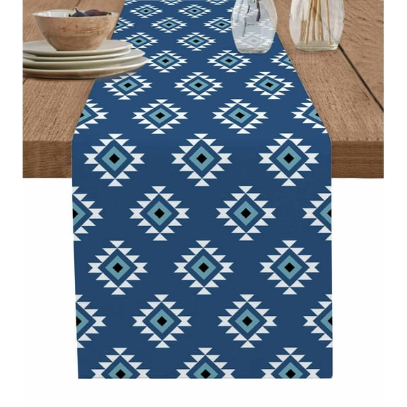 Blue Boho Geometric Table Runner Farmhouse Southwest Motifs Art Tablerunners 14 x 72 Inch, Table Decorations Tabletop Scarf for Summer Gathering Holiday Farmhouse Kitchen Dining Decor