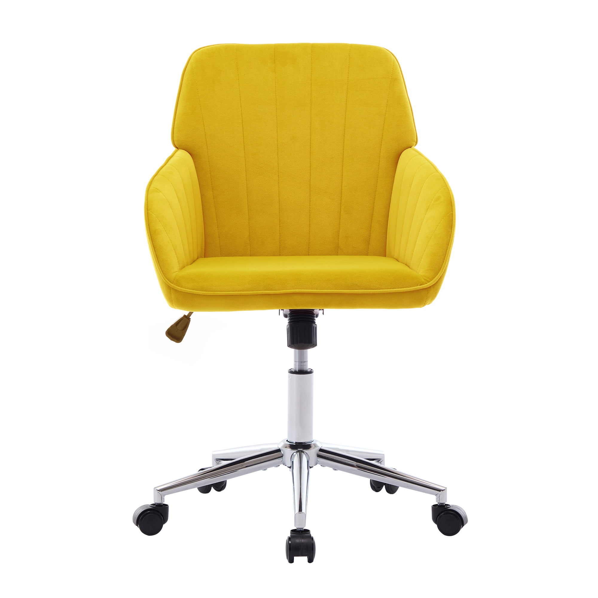 PORKISS Vanity Chair, Swivel Home Office Chair, Ergonomic Desk Chair with Silver Metal Base, Adjustable Height, Velvet Upholstered Task Chair, Bright Yellow