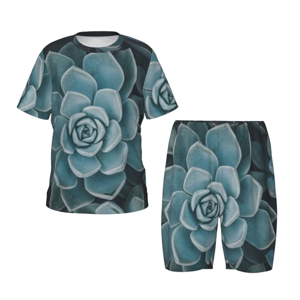 Fotbe Blue Color Cactus Pijama Estampada de 2 Piezas para Niños – Ropa de Dormir de Manga Corta Cómoda para Niños y Niñas, Camiseta y Shorts de Algodón-X-Large